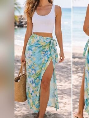 rave tropical floral wrap skirt y2k sarong blue green beach vacation midi maxi l